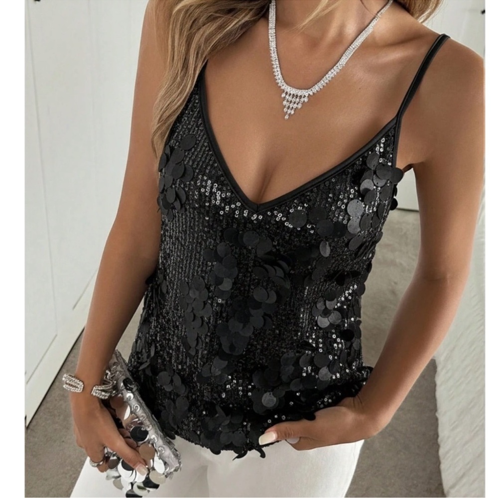 Luxe Black Sequin Regular Fit Cami Tank Top S M L XL